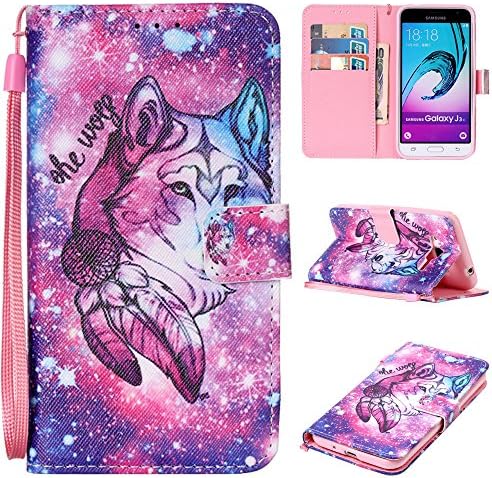 Samsung Galaxy J3 (2016)/ J3 V/ Sky/ Sol/ Amp Prime/ Express Prime Wallet Case, XIEKE Premium PU Leather Painted Pattern Flip Cover Wallet Cash Card Slots Stand Case with Wrist Strap (Lonely Wolf)