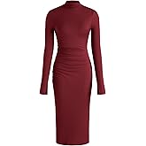 CIDER Long Sleeve Dress for Women High Neck Ribbed Knit Bodycon Ruched Midi Dress Cocktail Party Sweater Solid Dress