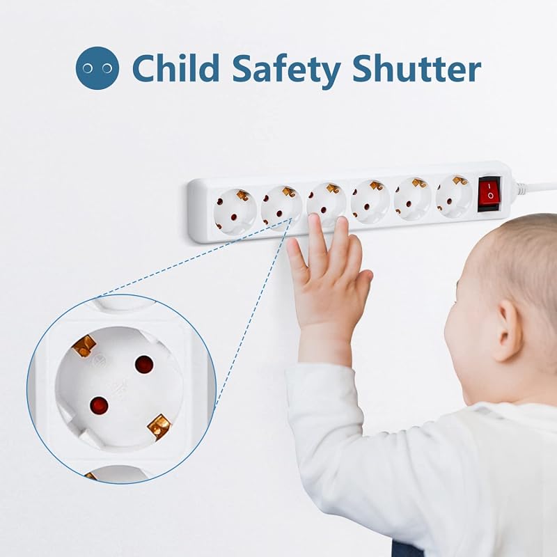 Steckdosenleiste 6-Fach mit Schalter Tischsteckdose Kindersicherung 5m Kabel, Weiß