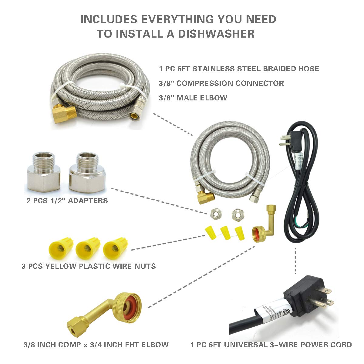 TT FLEX Universal Dishwasher Installation Kit,6 Ft Stainless Steel Dishwasher Hose,Burst Proof Water Supply Line with 3/8