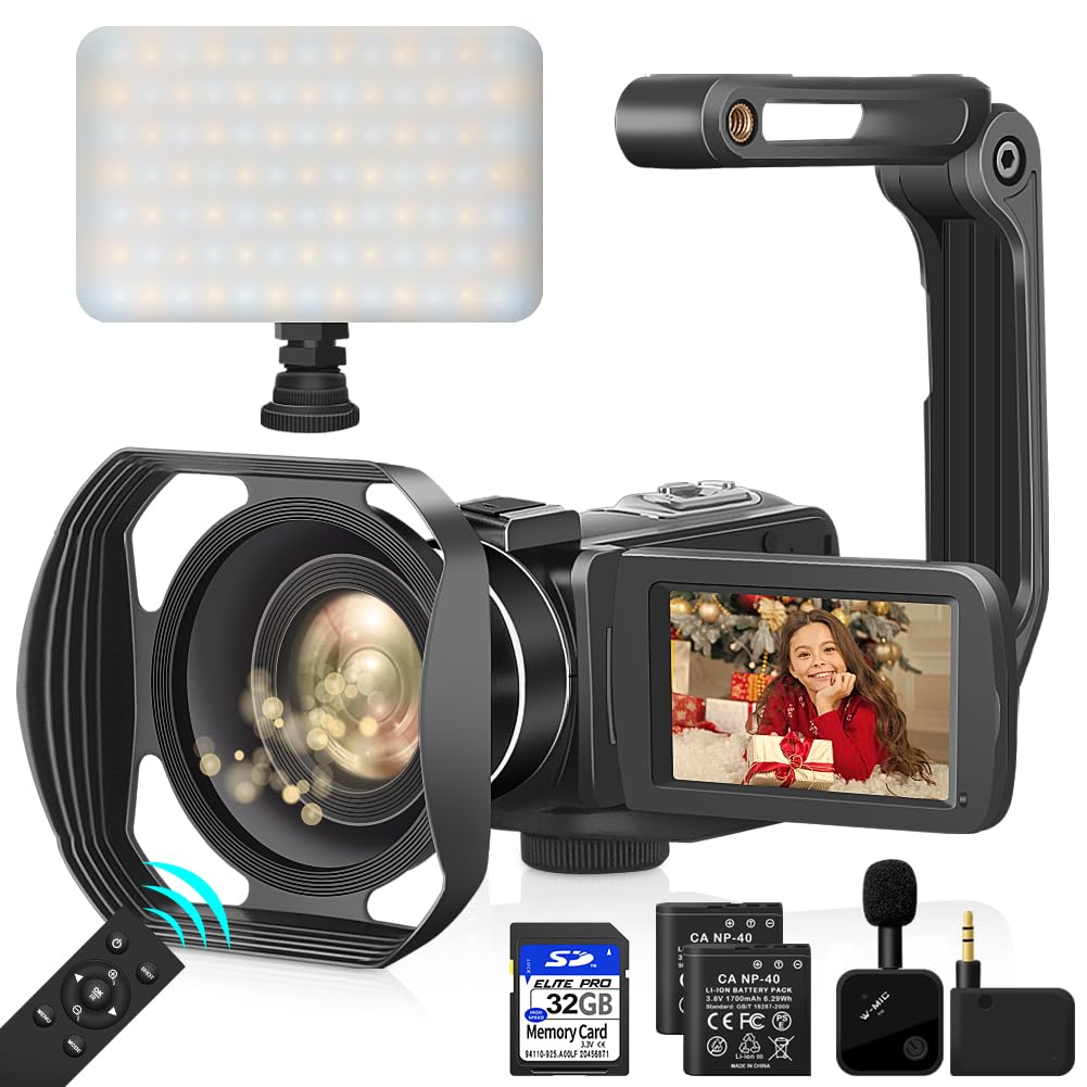 KOMERY Video Camera 4K Camcorder 56MP Video Camera for YouTube with Wireless Lavalier Mic Upgraded Fill Light Video Camera Camcorder with 2.4G Remote IR Night Vision, 18X Digital Zoom