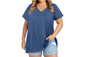 JOELLYUS Plus Size Tops for Women Summer Top Loose Fit Tee Shirts V Neck Short Sleeve Blouse