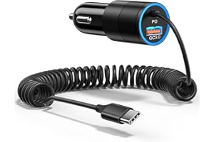 Car Charger USB C,38W Super Fast Car Adapter with PD 3.0 Bulit in 3.5FT USB C Coiled Cable,USB A+USB C Car Phone Charger Comp