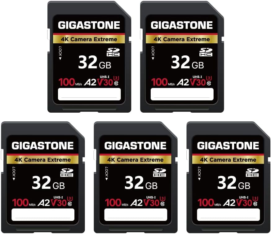 Gigastone 32GB SDHC A2 V30 UHS-I Memory Card 5-Pack for 4K Cameras