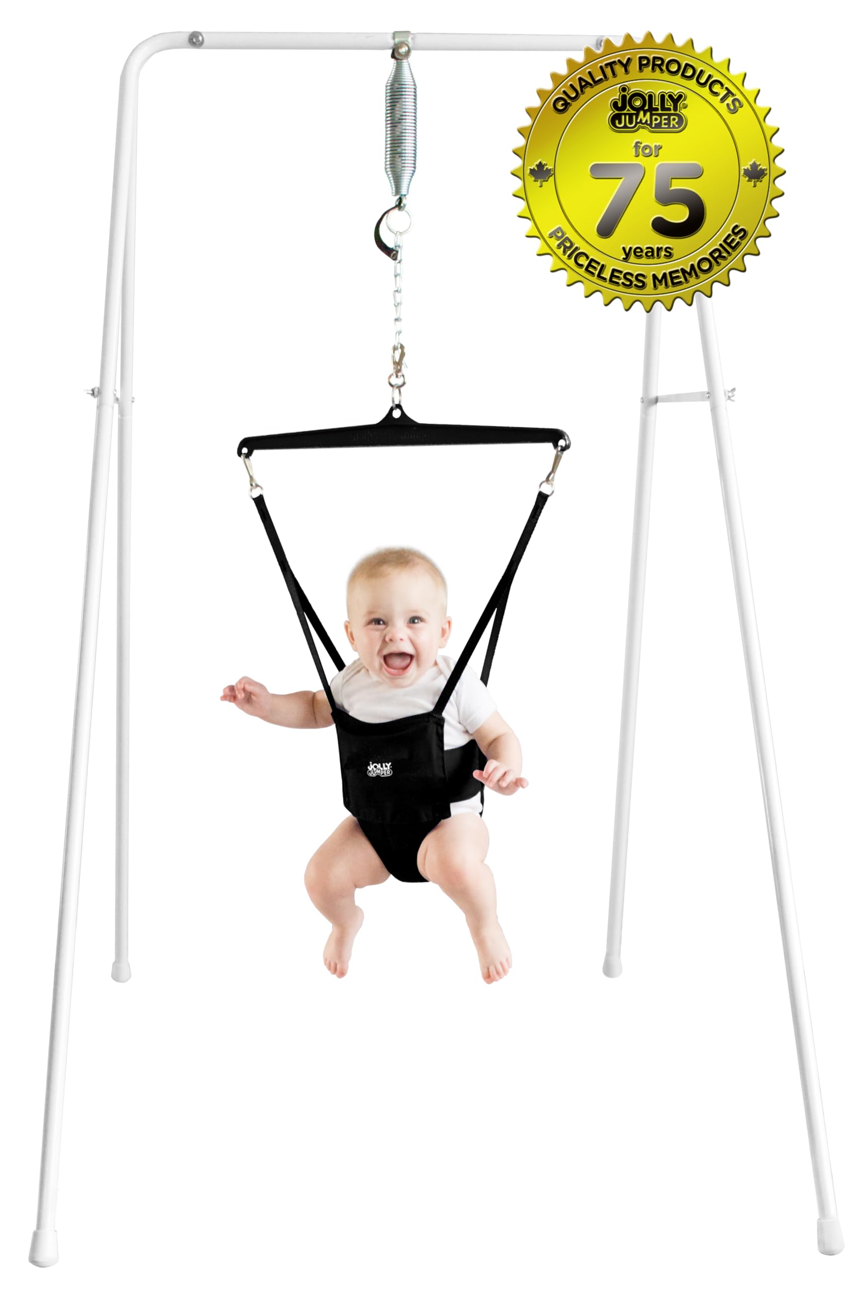 Jolly Jumper Classic (Black) with Stand - Original Baby Jumper, Indoor and Outdoor Exercise Saddle Seat, Adjustable Height, for Infants up to 28lbs