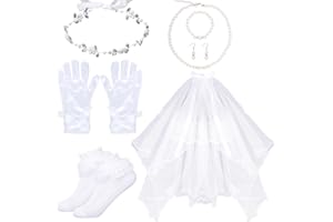 Haakong 7 Pcs First Communion Veil Set Gloves Floral Headpiece Sock Pearl Necklace Bracelet Earring for Girls 1st Holy Commun