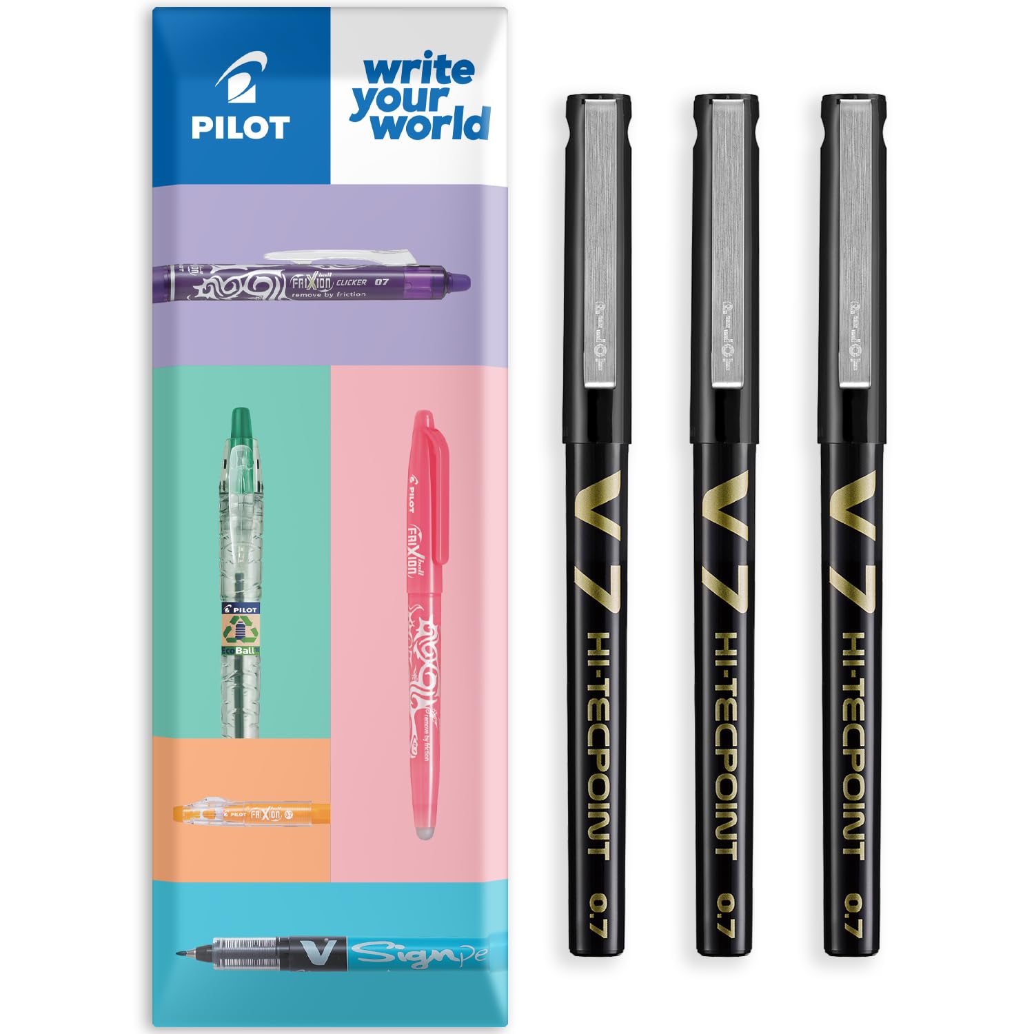 PILOT V7 Hi-Tecpoint Rollerball Pen - Liquid Ink - Medium 0.7mm Nib - In Envelope Gift Packaging - Pack of 3 (Black)