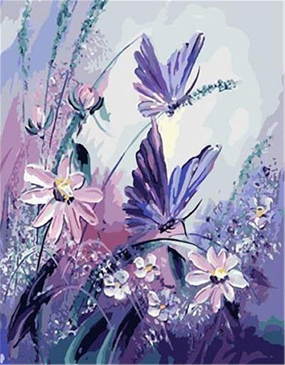 YEESAM ART Paint by Numbers for Adults, Purple Butterfly Flowers 16x20 Inch Linen Canvas Acrylic DIY Number Painting Kits Wall Art Decor Gifts