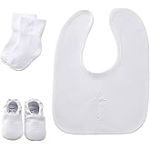 Baptism Gifts Set for Boys and Girls,White Embroidered Cross Bibs Christening Shoes and Socks for Baby Infant.