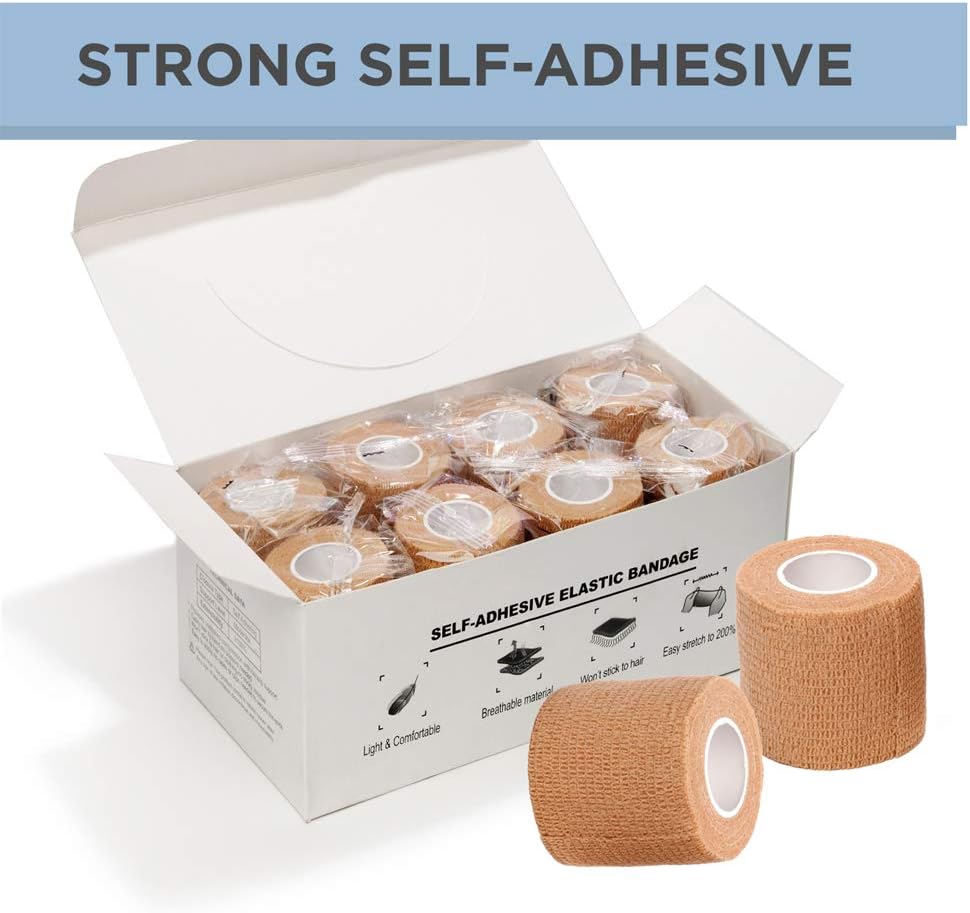Self Adherent Cohesive Wrap Bandages (12 Pack Bundle) - 2” Wide, 5 Yards All Sports Athletic Tape | Brown Non-Woven Bandage | Breathable Wound Tape | Medical Stretch, Cover All Tape: Health & Personal Care