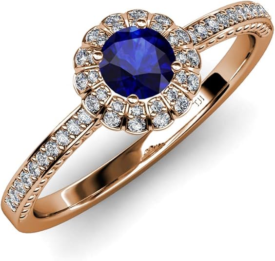TriJewels Anillo de compromiso redondo azul de zafiro y diamante de 1