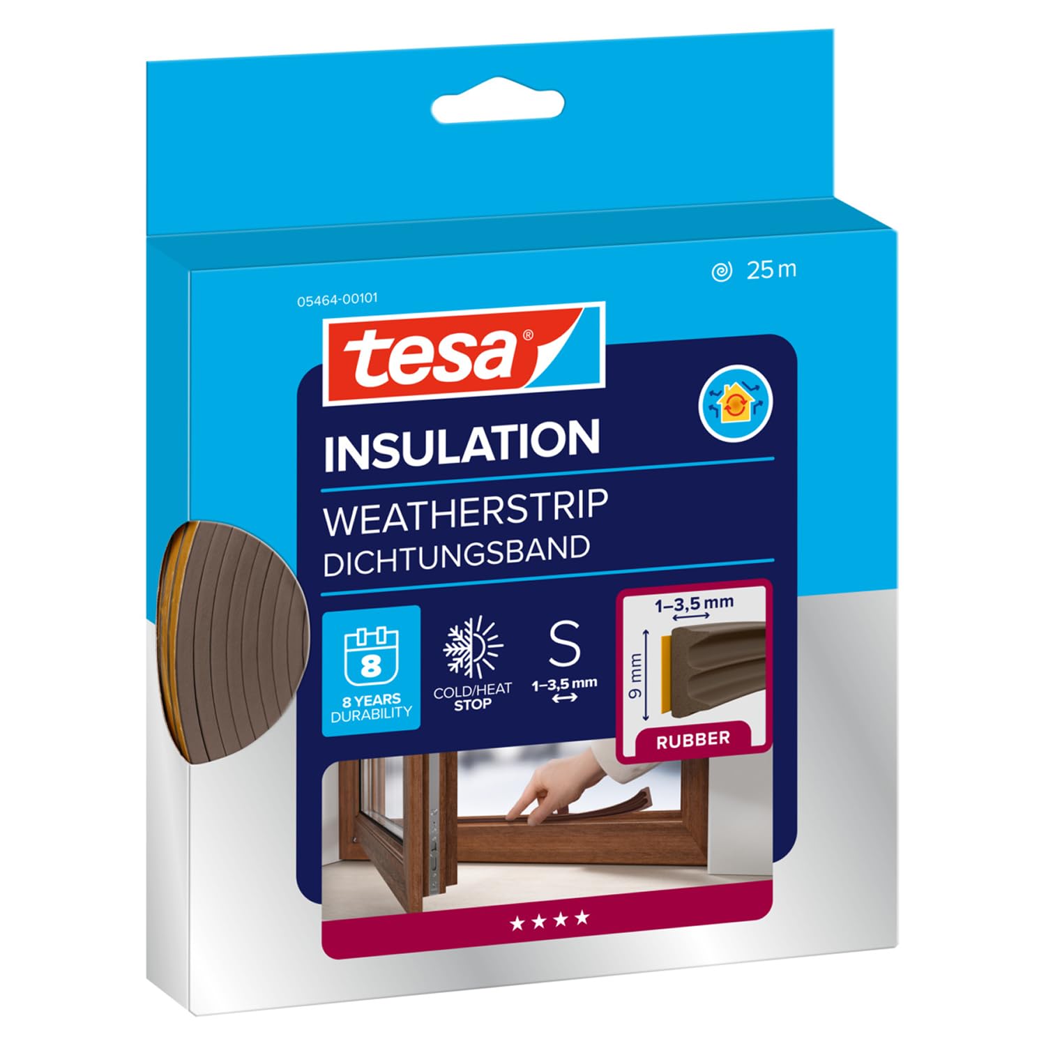 tesa INSULATION Weatherstrip Rubber S - Sealing Tape - Self-adhesive rubber Seal for Insulating gaps on windows and doors - Brown - 25 m x 9 mm x 4 mm