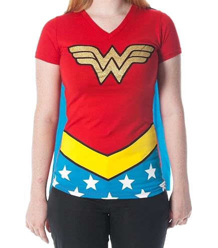 thumbnail image 2 of Wonder Woman T-Shirt With Cape For Women & Juniors - Officially Licensed Cosplay & Halloween Costume Top 2 of 14