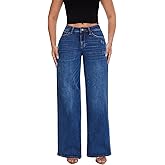 ONESO Mid-Low Rise Baggy Jeans Wide Leg for Women Distressed Pants Stretchy Bottom Lady Basic Comfortable Denim