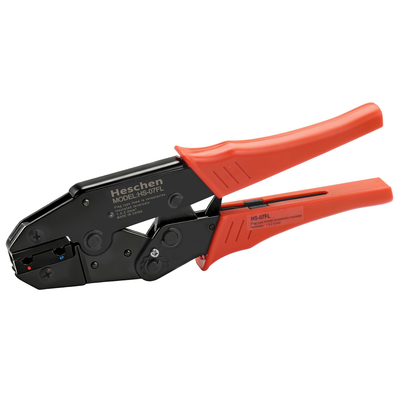 Heschen Ratchet Crimper Plier, HS-07FL, Flag Female Quick Disconnects Crimping Tools, Use for 1.5-2.5 mm² (15-13 AWG), Red
