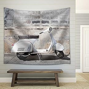 White Classic Vespa Scooter Stands Parked Near The Concrete Old Wall - Fabric Wall Tapestry Home Decor - 51x60 inches