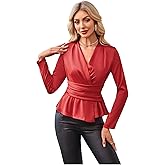 MakeMeChic Women's Wrap V Neck Long Sleeve Ruched Satin Shirt Blouse Elegant Peplum Tops