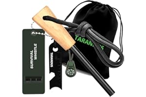 TARANDUS Ferro Rod Fire Starter Survival Tool – 3/8" Thick Fire Steel with 20,000 Strikes – Waterproof Flint and Steel Kit, Ferro Rod with Striker Wood Handle, Lanyard, Compass, and Emergency Whistle