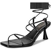 ISNOM Strappy Sandals for Women Kitten Heels Lace Up Heels Stiletto Heels Wrap Around Heels with Square Toe