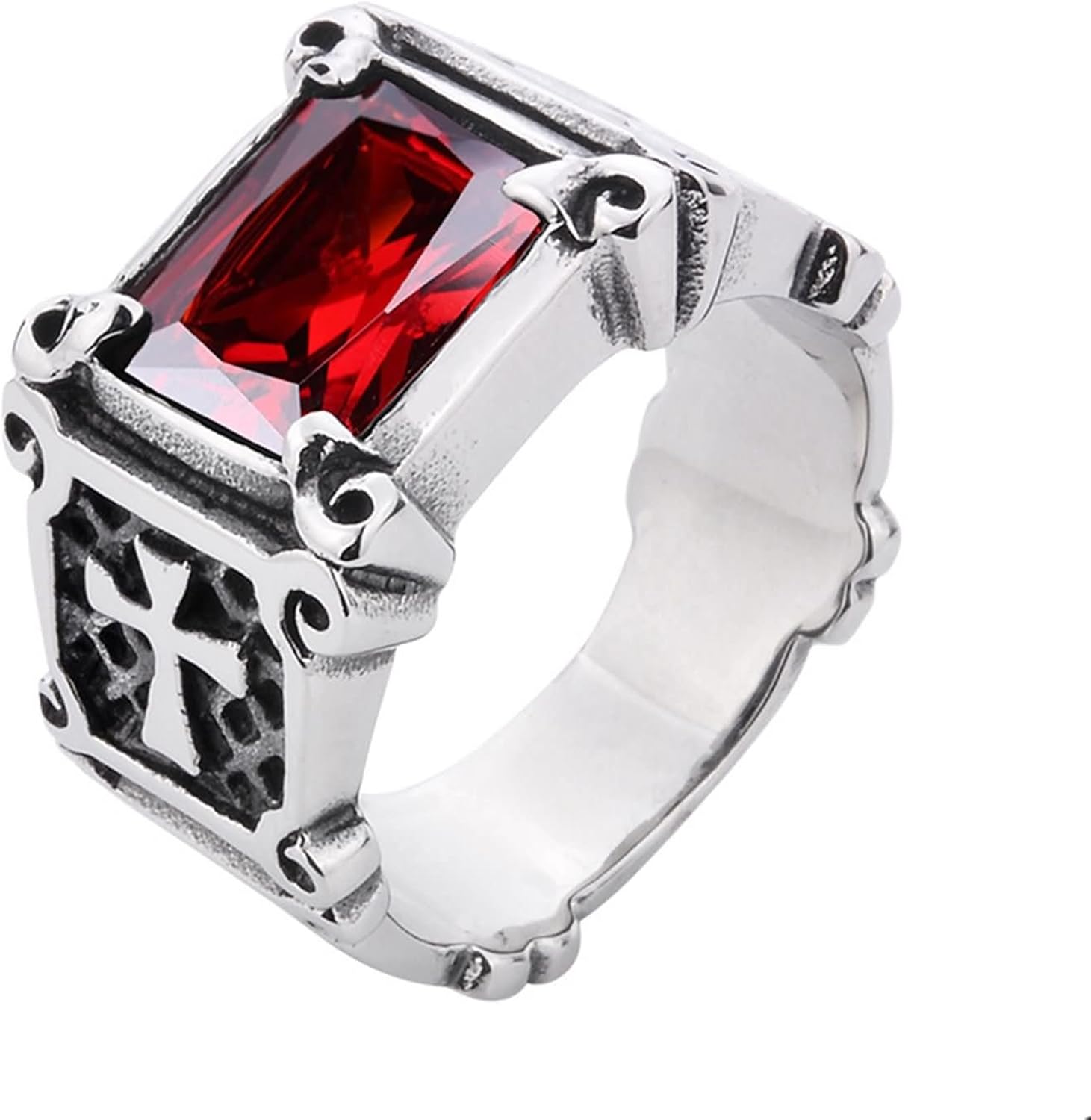 Daesar Men's Gothic Ring Men's Ring, Gold Stainless Steel Cross Stone Black Blue Red Ring Punk