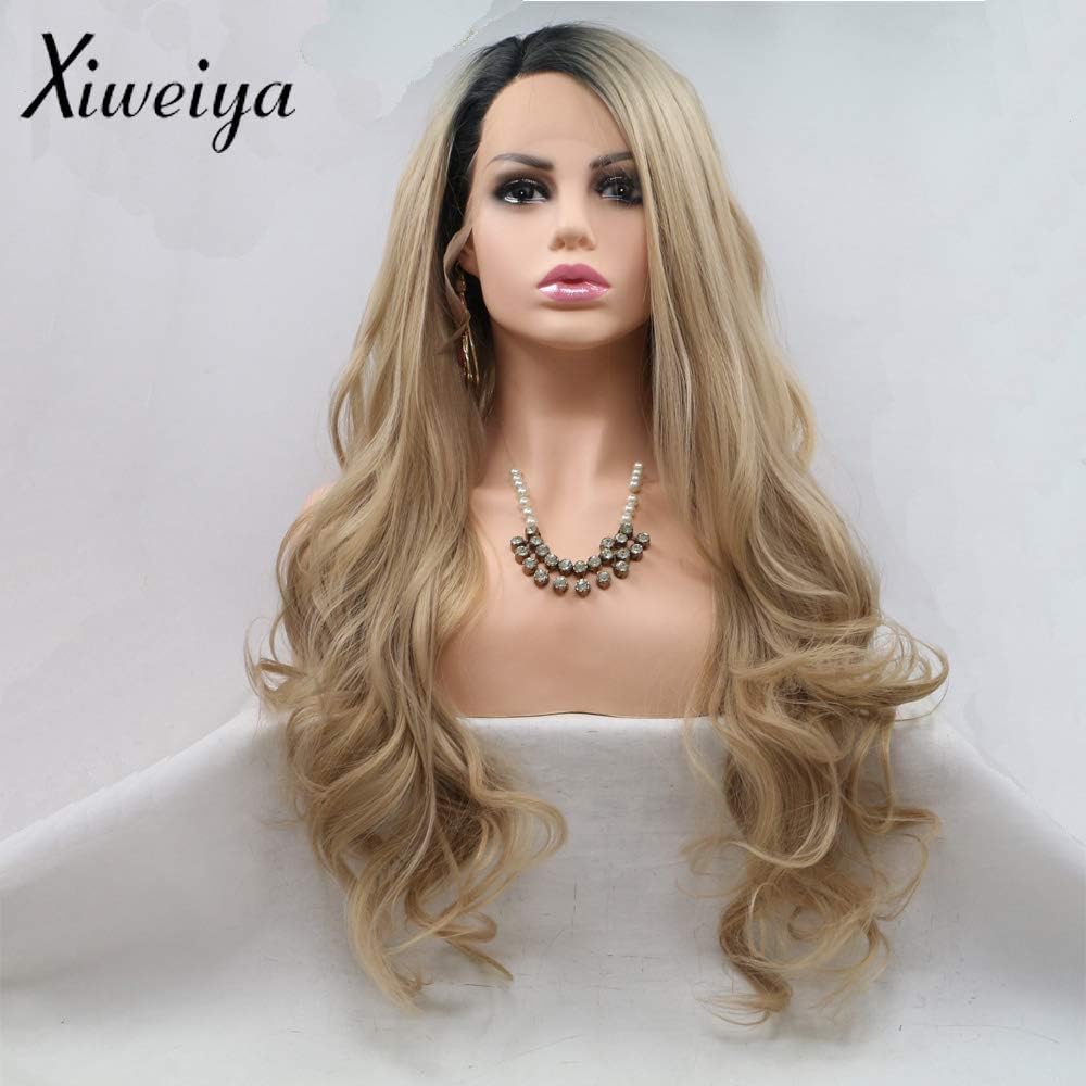Xiweiya 13x3 Lace Blonde Wigs Long Natural Wavy Ombre Blonde Synthetic Lace Front Wigs with Dark Roots Side Part Hair Replacement Wig for Women Drag Queen Makeup 24inch