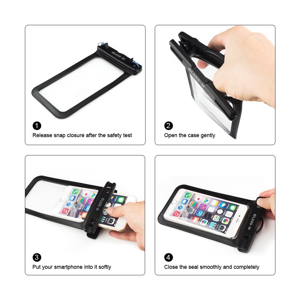 GLASS-M Universal Waterproof Case, Phone Dry Bag Pouch with Neck Strap for iPhone X/8/7/6/6S Plus, Samsung Galaxy S9/S8/S7 Edge/Note 8 6 5 4, Google Pixel 2 XL up to 6.0\