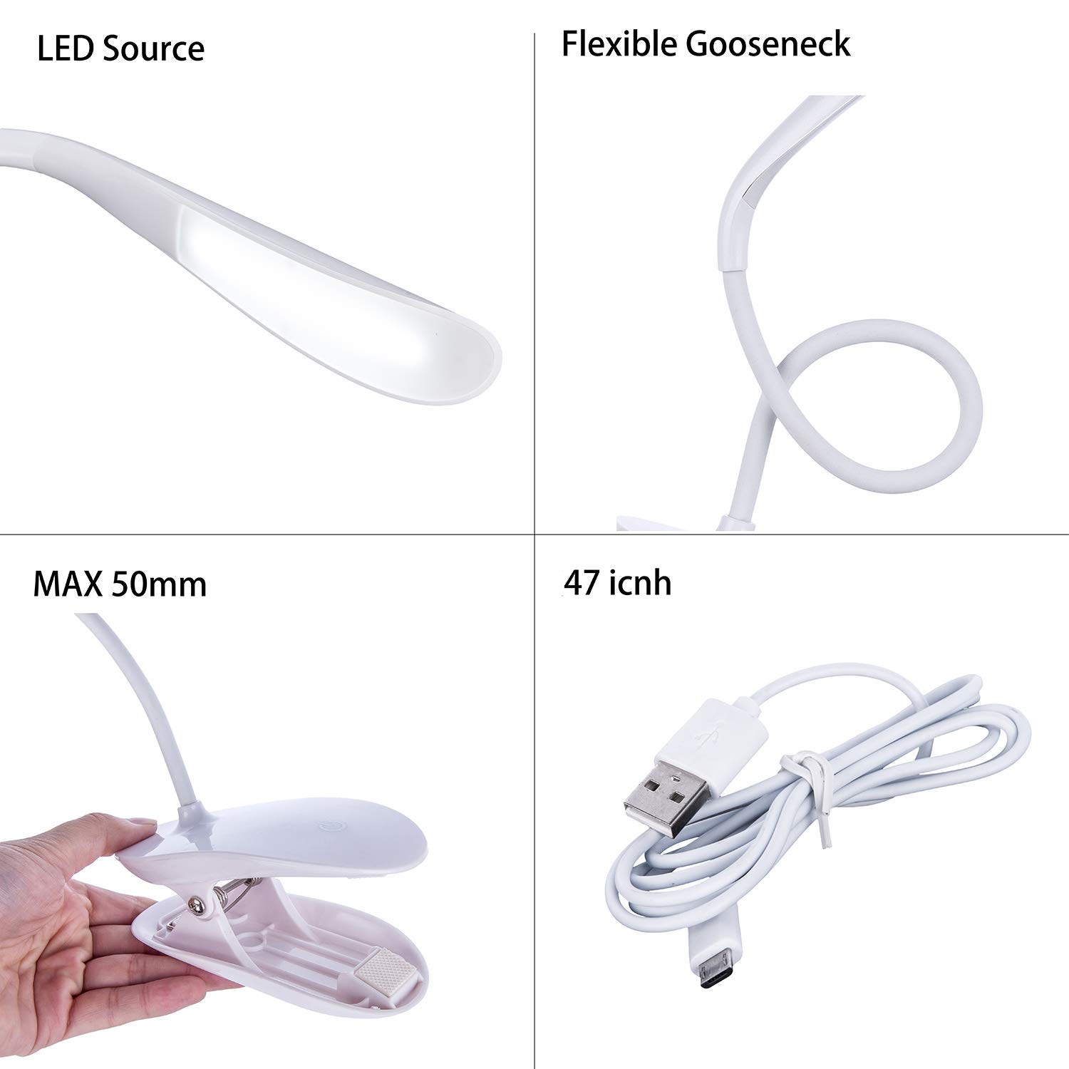 Rechargeable USB Clip on Lamp Reading Light Modern Desk Light Goose Neck with Touch Control LED 3-Level Brightness Adjustable