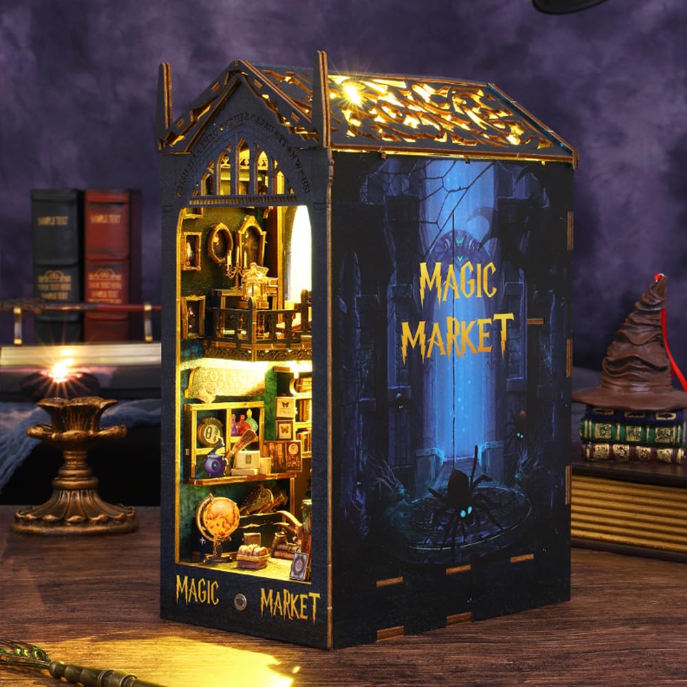 DIY Book Nook Kit, DIY Dollhouse Booknook, Library Booknook 3D Wooden Puzzle Bookends, Book Nook Miniature Kits with LED Light for Adults(JTSL-09)
