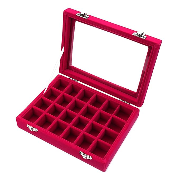Zice - Joyero con funda de terciopelo y 24 huecos para anillos y pendientes y tapa con pantalla de cristal