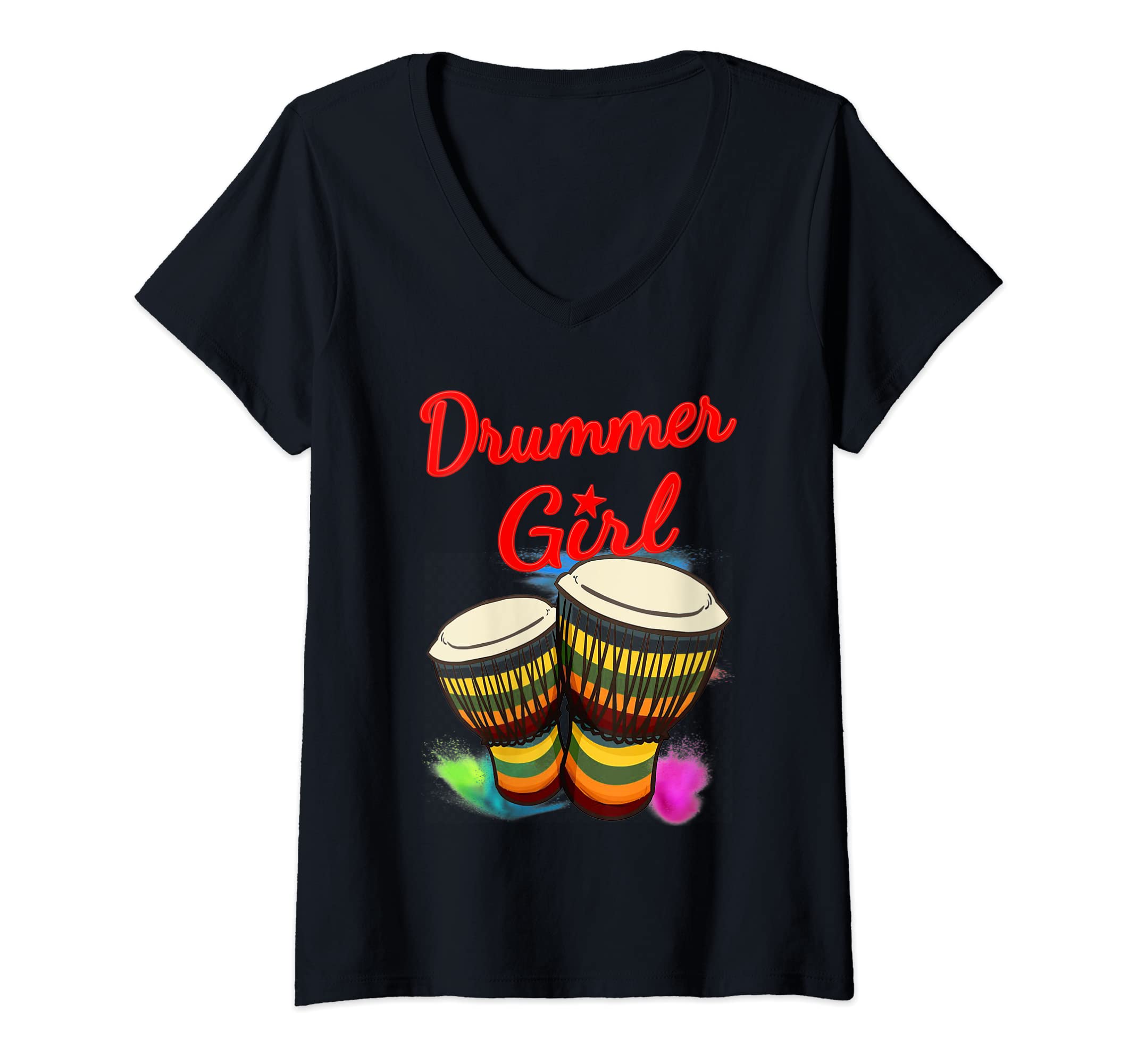 Womens Drummer Girl Djembe Percussion Musician V-Neck T-Shirt