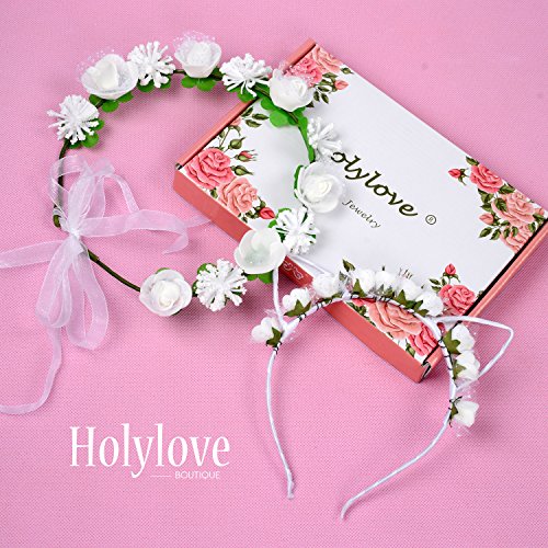 Flower Car Ear Headband Hair Wreath for Women Photography Weddings Festival Party Garland Crown Headpiece White 2pcs - HLH1