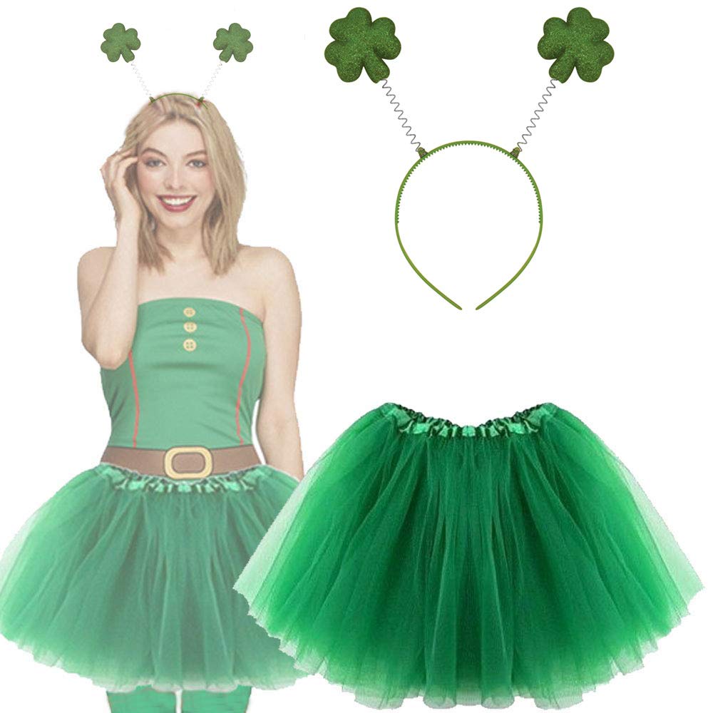 Lizzy | Women's St Patrick's Day Tutu Costume | 45cm Length, One Size, Green | 3 Layered Skirt, Glitter Clover Leaf Headbopper, Comfortable Fit | Irish Fancy Dress Accessory