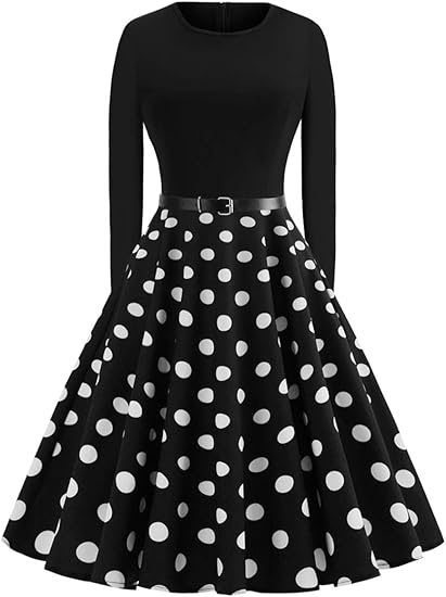 Amazon Yacunレディース ドレス パーティー ワンピース1950年代 長袖復古風ロカビリー 水玉模様 レトロ Aライン カクテル 結婚式 二次会 ワンピース チュニック 通販