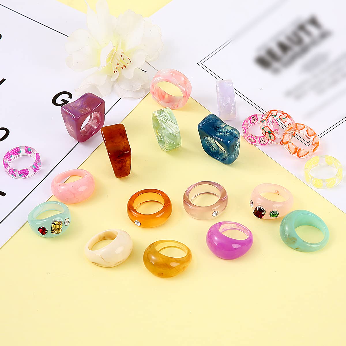 AIDSOTOU 20 Pcs Acrylic Cute Trendy Colorful Rhinestone Stackable Chunky Rings for Women