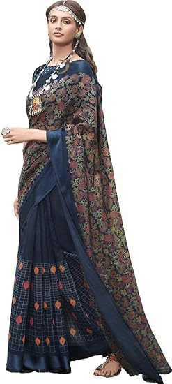 Women's Kalamkari Linen Print Saree with Blouse Piece ( Navy Blue)