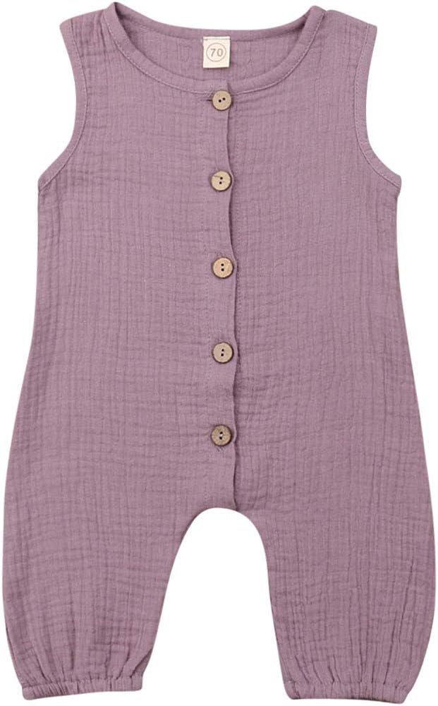 Newborn Baby Girl Summer Cotton Linen Jumpsuit Ruffle Romper Button up Bodysuit Outfits