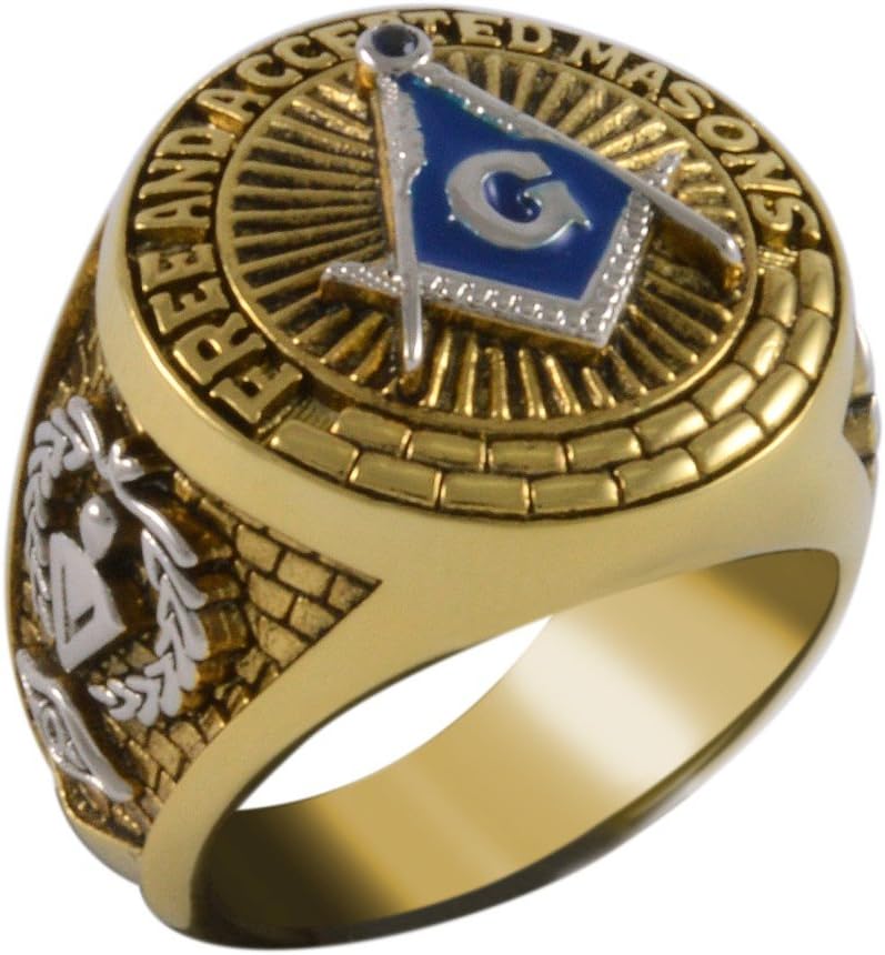 UNIQABLESquare And Compass Masonic Blue Stone Free and Accepted Masons Ring Yellow Version 18k Gold Pld BR-18