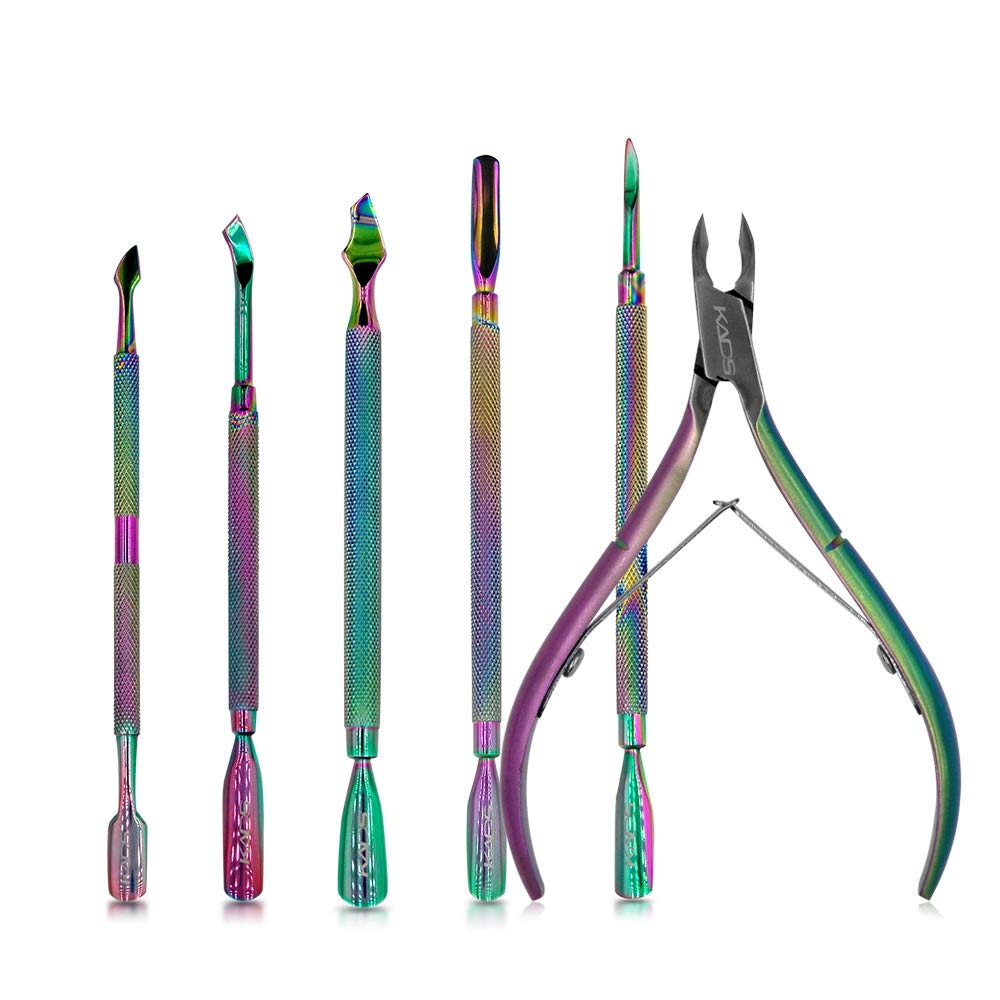 KADS Cuticle Pusher Remover with Symphony Nipper Rainbow Stainless Steel Manicure Nail Art Tool Set