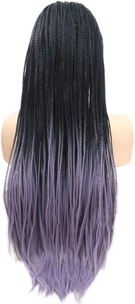 26inches Long Box Braids Wig Black Roots Ombre Purple Wig Synthetic Lace Front Wigs Braided Wig Natural Hairline Lilac Lavender Wig for Women Girls Free Part - Image 5