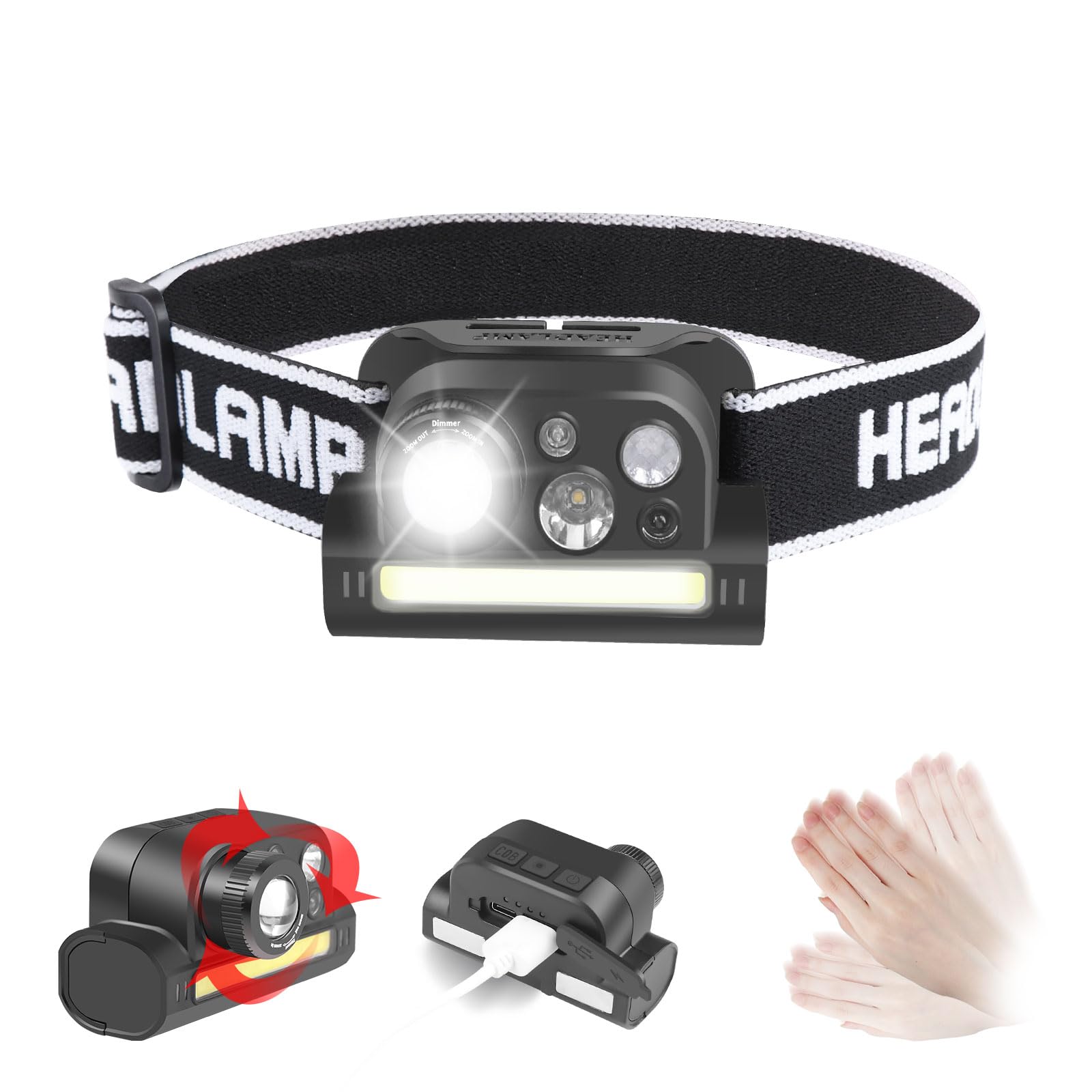 Rechargeable Head Torch with Magnetic & Zoomable, LED Head Torch with Motion Sensor for Running, Powerful Head Torch with Red/Green/Light for Camping/Fishing/Riding/Hunting