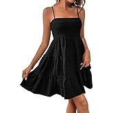 CFLONGE Womens Sleeveless Smocked Mini Dress Flowy Cute Summer Dresses Boho Spaghetti Strap Tiered A Line Casual Sundress