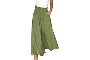 Flowy Palazzo Pants for Women High Waisted Button Culottes Dressy Casual Summer Fashion Pockets Wide Leg Trousers