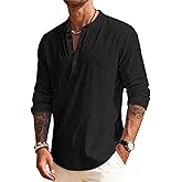 QOSOQ Men's Linen Shirts Henley T-Shirts Long Sleeve Casual Beach T-Shirts Solid Tops Shirts for Men