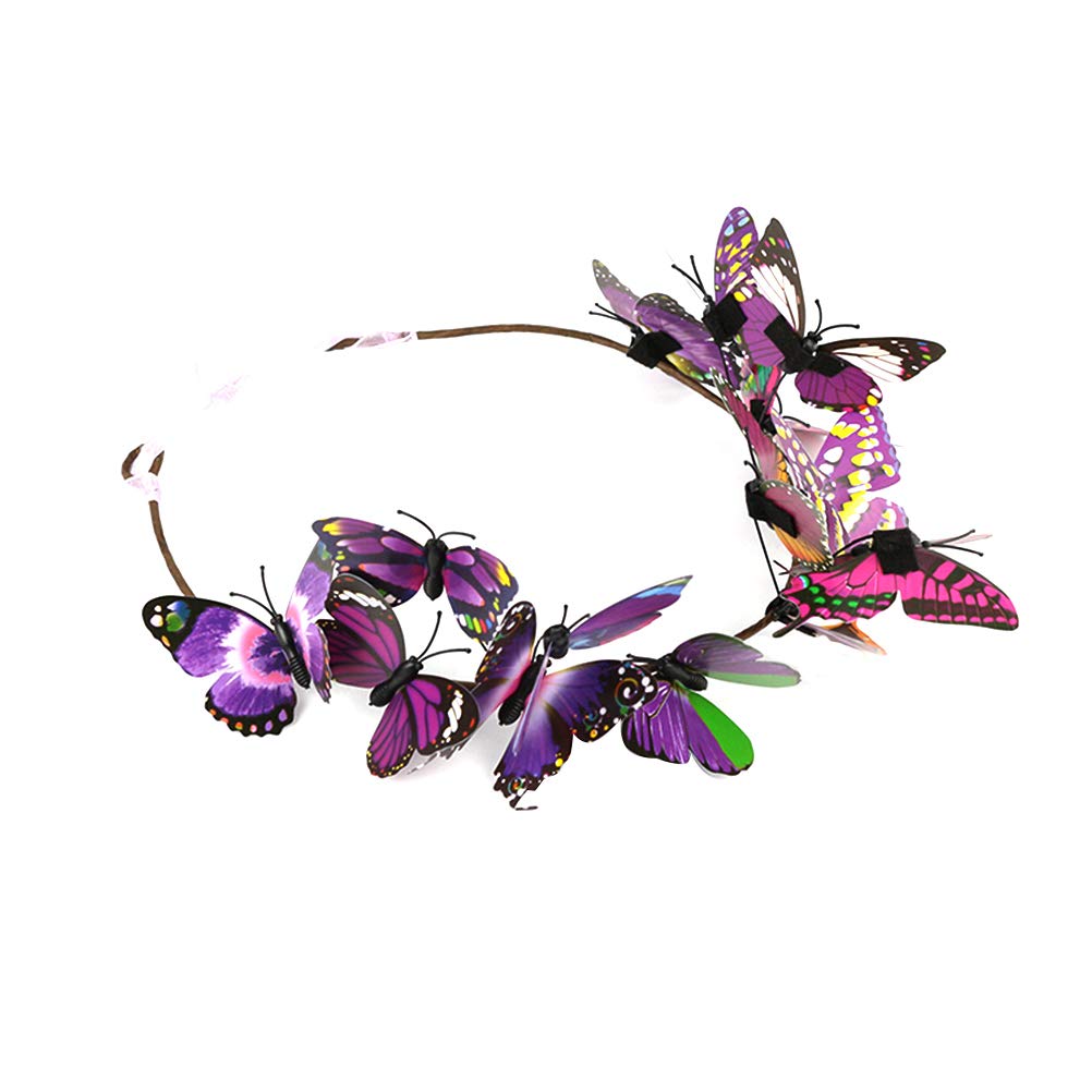 Minkissy Butterfly Headband Colorful Butterfly Decoration Adjustable Ribbon Crown Wreath for Bride Bridesmaid (Purple)