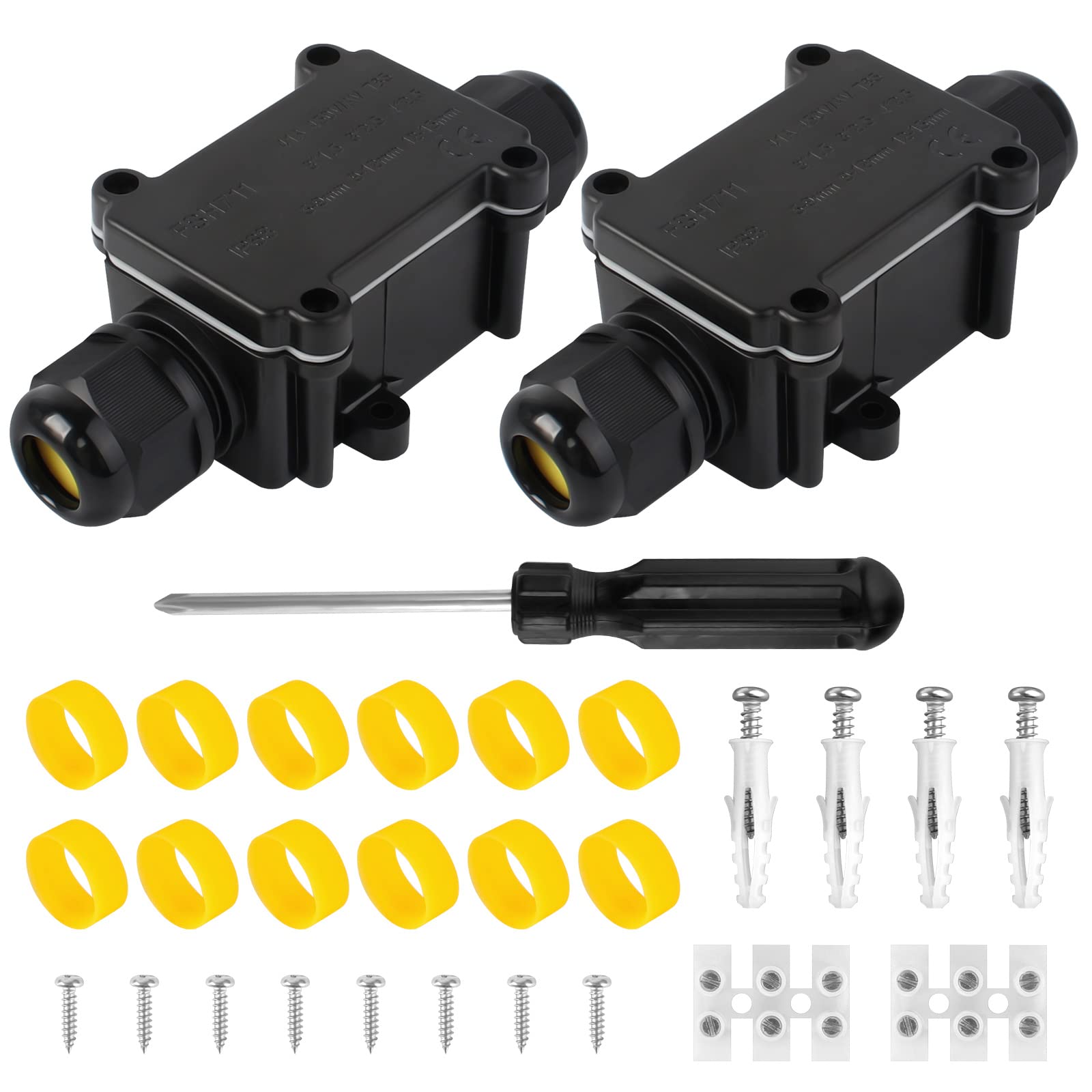 2 Pieces IP68 Waterproof Junction Box, 2 Way Outdoor Cable Connector Waterproof Electrical Connector Black Outdoor Junction Box for 5-15mm Diameter Cable