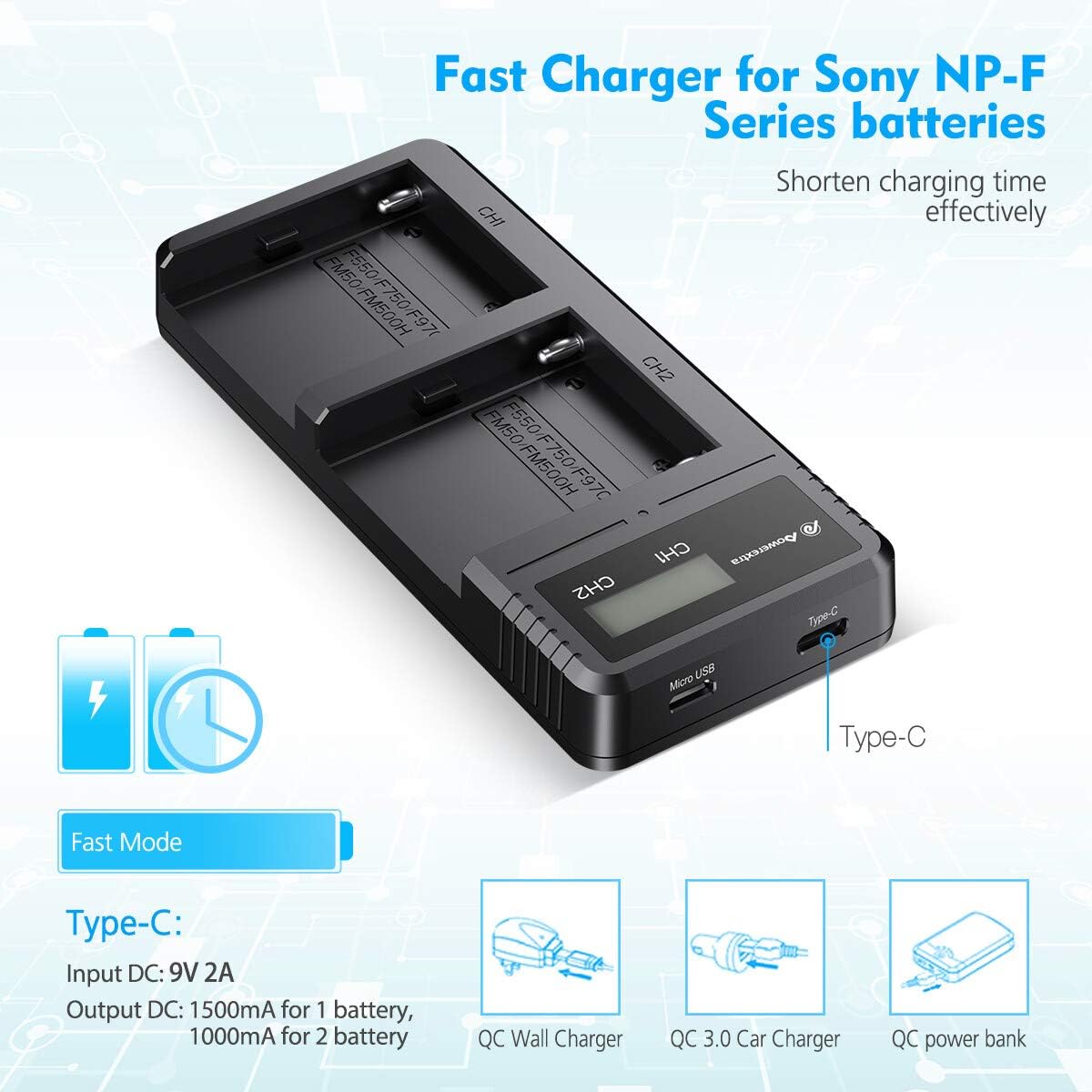 NP-F970,NP-F960,NP-F930,NP-F950,NP-F550,Powerextra 2 X 8800mAh Replacement Battery and Dual LCD Battery Charger Compatible with Sony Battery DCR-VX2100,DSR-PD150,DSR-PD170,HDR-AX2000,HDR-FX1,HDR-FX7 - Image 5