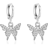 Charm Crystal Butterfly Hoop Earrings，14k Plated Gold Silver Butterfly Drop Earrings for Women Birthday Gifts