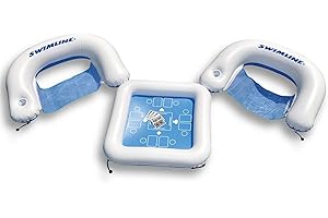 SWIMLINE ORIGINAL Inflatable Game Table Station With Waterproof Playing Cards & Two Inflatable Sling Chairs W/ CupHolders | Double Sided Game Set | Poker & Card Games | Chess & Checkers