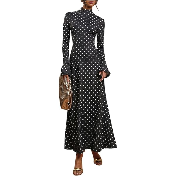 FULAOER Black White Polka Dot Women's Long Sleeve Round Neck Maxi Dress  High Waist Layered A-Line Flowy Maxi Dress XS at Amazon Women's Clothing  store
