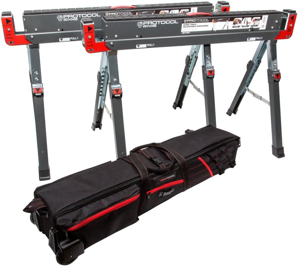 PROTOCOL Equipment 93199 42-Inch Adjustable Height Metal Folding Sawhorse, Set of 2 with Wheeled Travel and Storage Bag